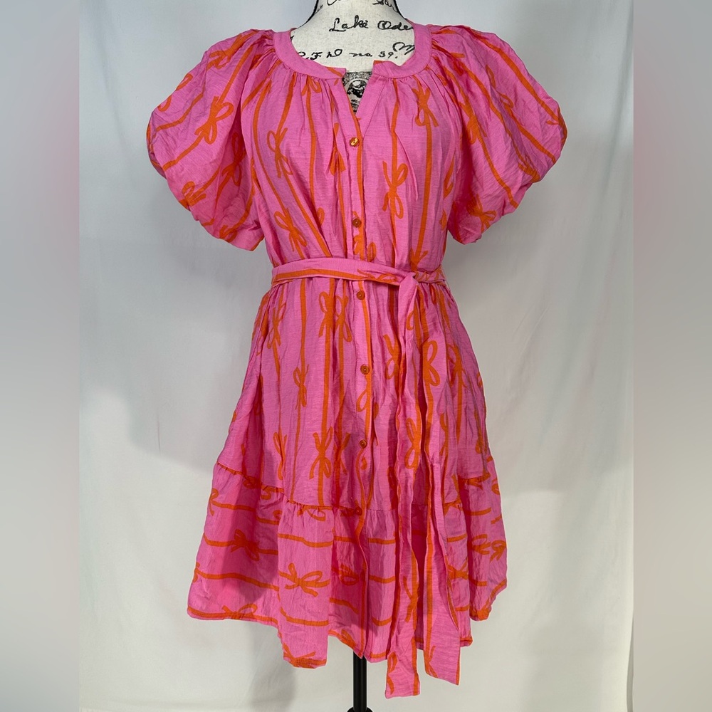 Umgee Shirt Mini Pink Bows Dress Small New Tiered Puff Sleeves Cottagecore